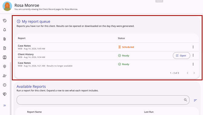 My report queue card showing on the Reports tab