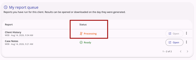 My report queue card showing the processing status
