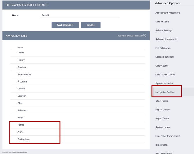 Navigation Profiles Settings with 3 new Navigation tabs showing