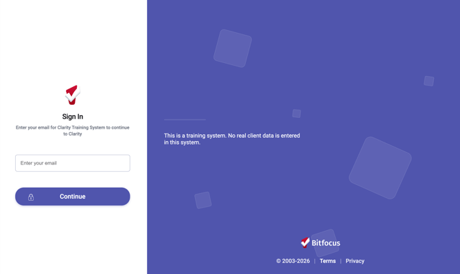 Clarity email entry screen, new Clarity interface branding