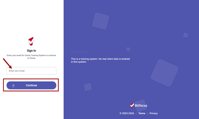 Clarity email entry screen, with an arrow on Enter Your Email and Continue highlighted