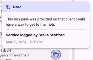 Note Popover showing note and who submitted note