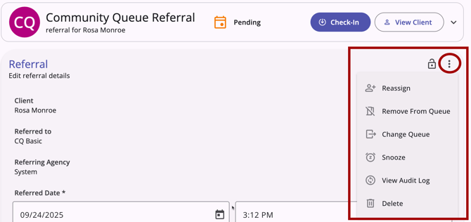 Screenshot of Community Queue edit referral Action Menu
