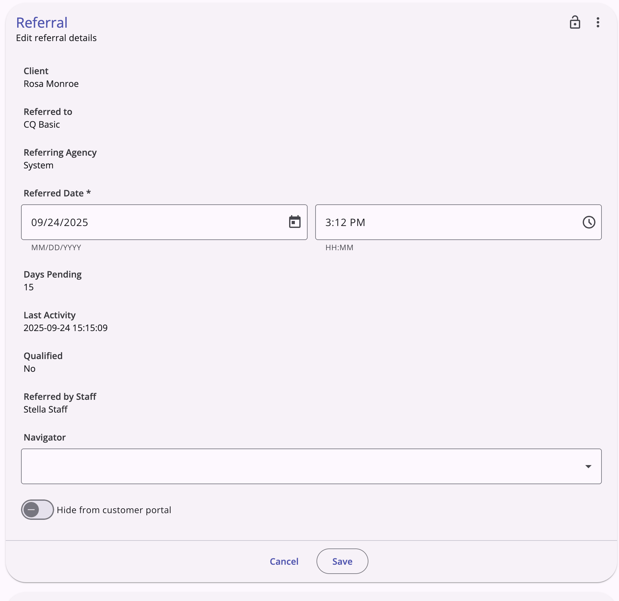 Screenshot of Community Queue edit referral details