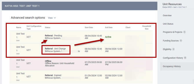 Occupancy History showing Unit Change on Status column and the new Active status occupancy