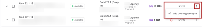 Overnight Drop-In option in Action Menu on Inventory Dashboard