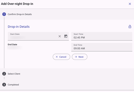 Overnight Drop-in Modal open and showing Step 1 of the workflow