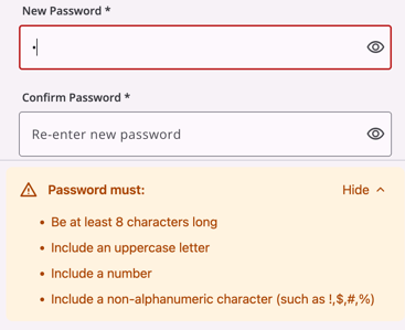 Password Change Required screen showing the password requirements