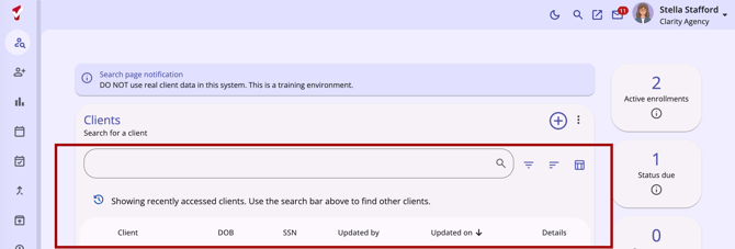 Primary search screen and Column headers on Client Search