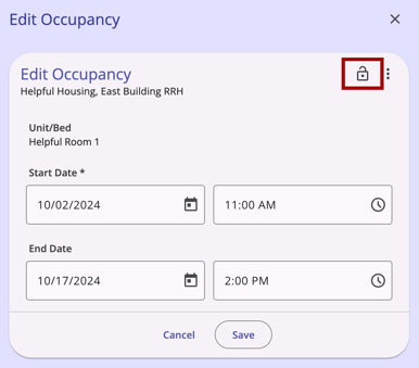 Privacy Icon highlighted in the Edit Occupancy modal from the Units Beds tab