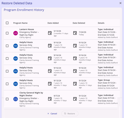 Program Enrollment Restore Deleted Data Modal showing deleted programs