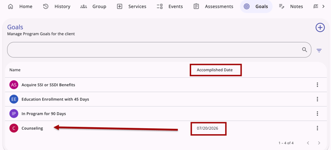 Program Goal Tab showing a goal with Accomplished Date added