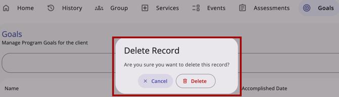 Program Goals Deletion Confirmation pop up