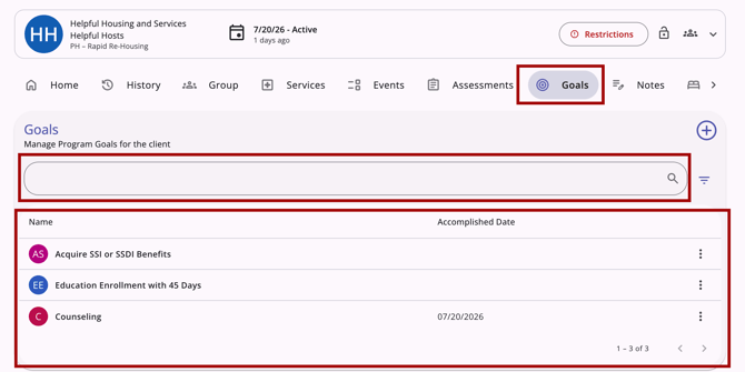 Program Goals Example with Search bar and existing goals highlighted
