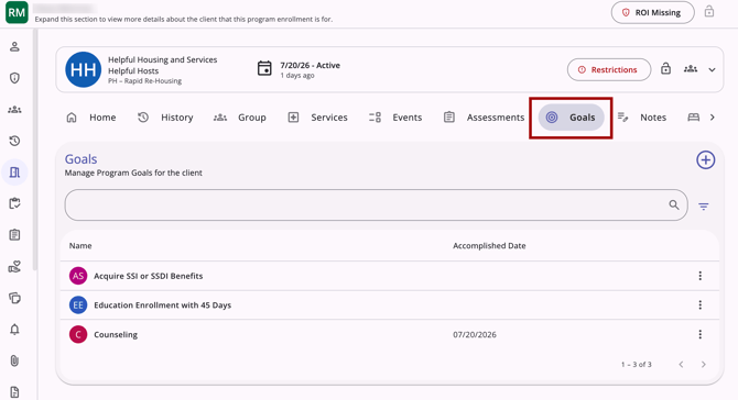 Program Goals Tab location