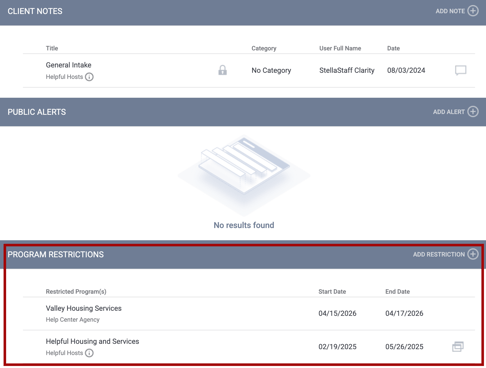 Program Restrictions section of the NOTES tab