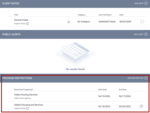 Program Restrictions section of the NOTES tab