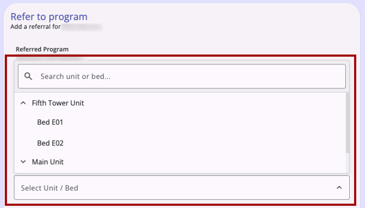 Program Unit Bed Referral Hierarchy Select Field Example