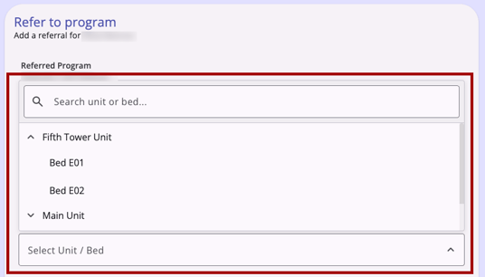 Program Unit Bed Referral Hierarchy Select Field Example