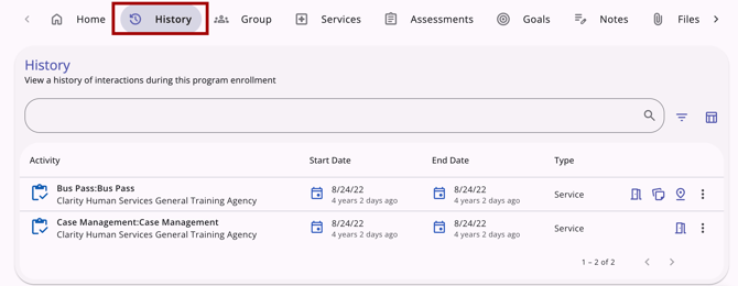 Program enrollment Historyb tab with tab highlighted