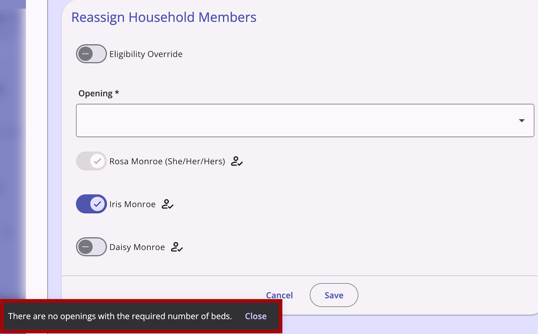 Reassign Household.No openings