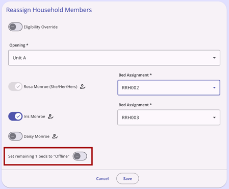 Reassign Referral.Household Beds.Offline Toggle