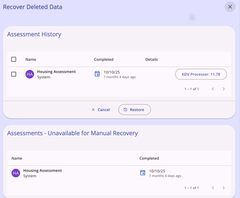 Recover Deleted Assessments Modal