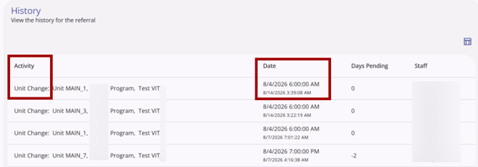 Referral History showing Unit Change details
