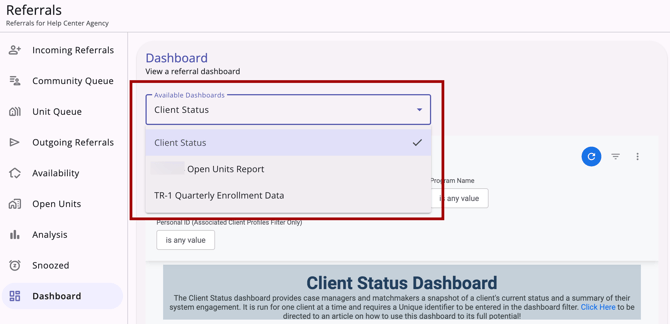 Referrals Dashboard Tab showing the Available Dashboards