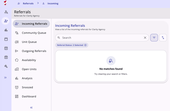 Referrals Module showing the default landing workspace, Incoming Referrals
