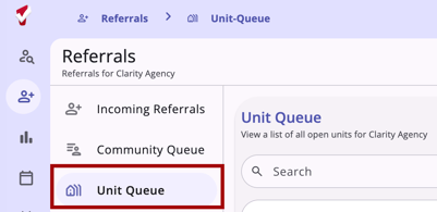 Referrals navigation menu with the Unit Queue menu item option
