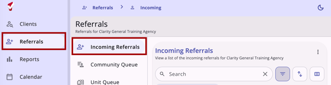 Referrals workspace with Referrals and Incoming Referrals items highlighted
