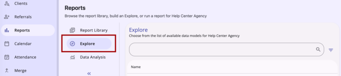 Reports Module with Explore selected