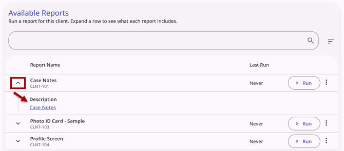 Reports tab showing the chevron icon and additional information