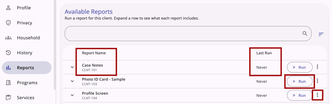 Reports tab showing the report name, Date, run button, and action menu