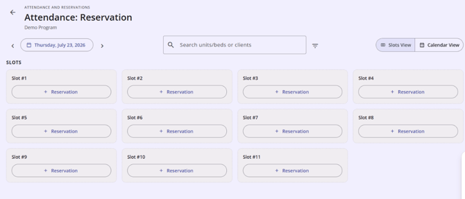 Reservation View showing Slots