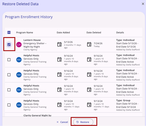 Restore Deleted Data modal showing one record checked and an active Restore button