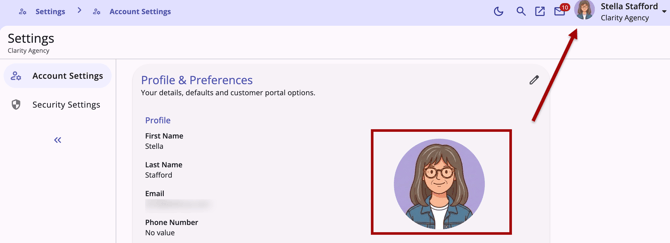 Saved profile photo shown on Account Settings and at top right of screen