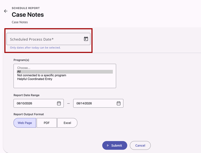 Schedule Report page with the Schedule date box highlighted