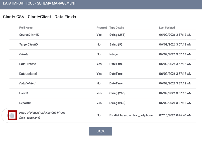 Schema Management Data Sections Deleting custom fields