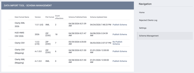 Schema Management Section in Navigation Menu