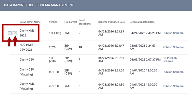 Schema Management View or Select Icons