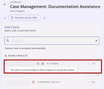 Search Results showing that a client must be enrolled in a program