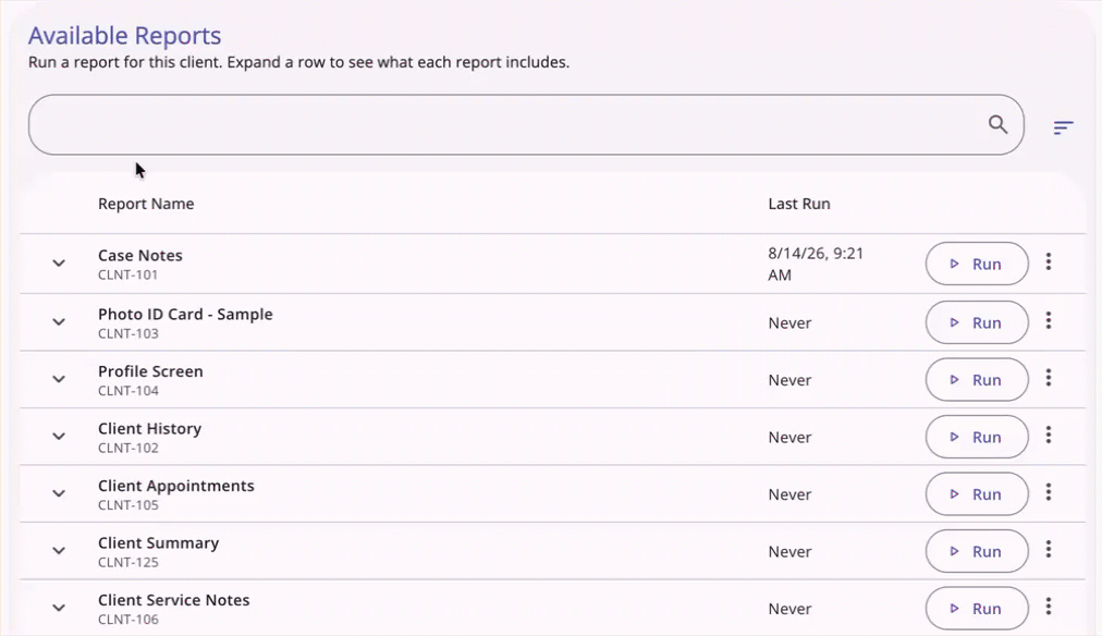 Search and sort functionality for the Available Reports table