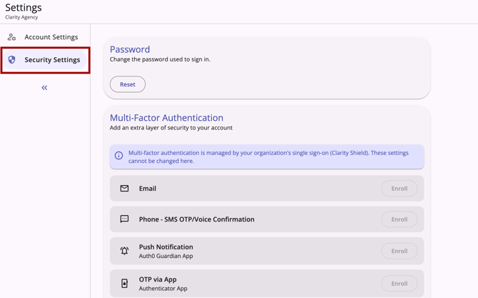 Security Settings tab showing Password and MFA management