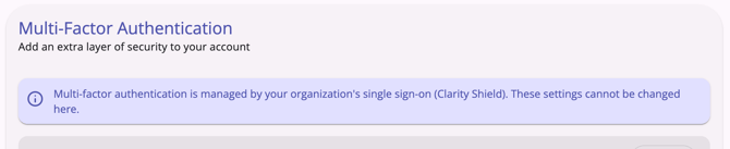 Security Settings tab showing the Multi Factor Authentication section with a Clarity Shield notice