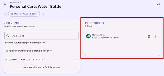 Service Attendance View with the In Attendance pane highlighted