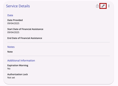 Service Details Page with Edit icon Indicated