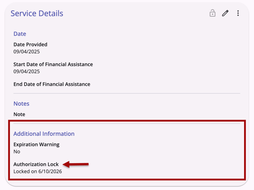 Service Details with Additional Information Section and Authorization Lock indicated