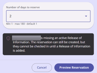 Snackbar warning message on Create Reservation modal